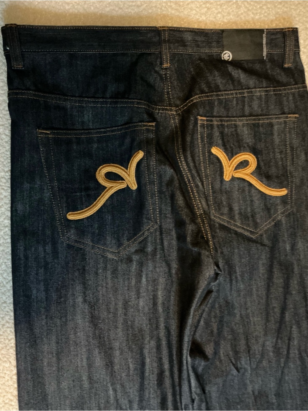 Rocawear Dark Blue Bootcut Jeans with Tan Pocket Embroidery